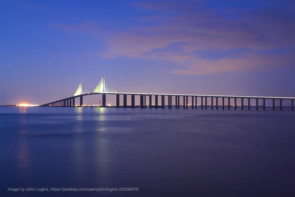 Sunshine Skyway Bridge at night from the water.